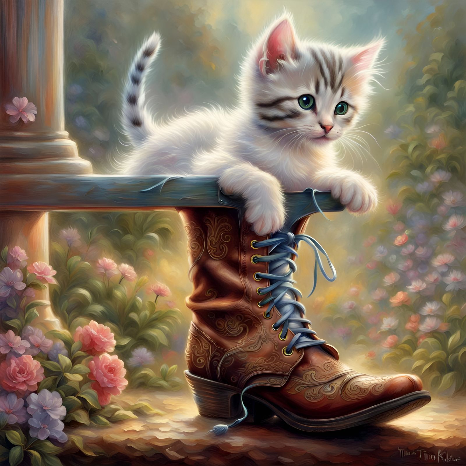 Kitten Emerges from Cowboy Boot in Fantasy Style