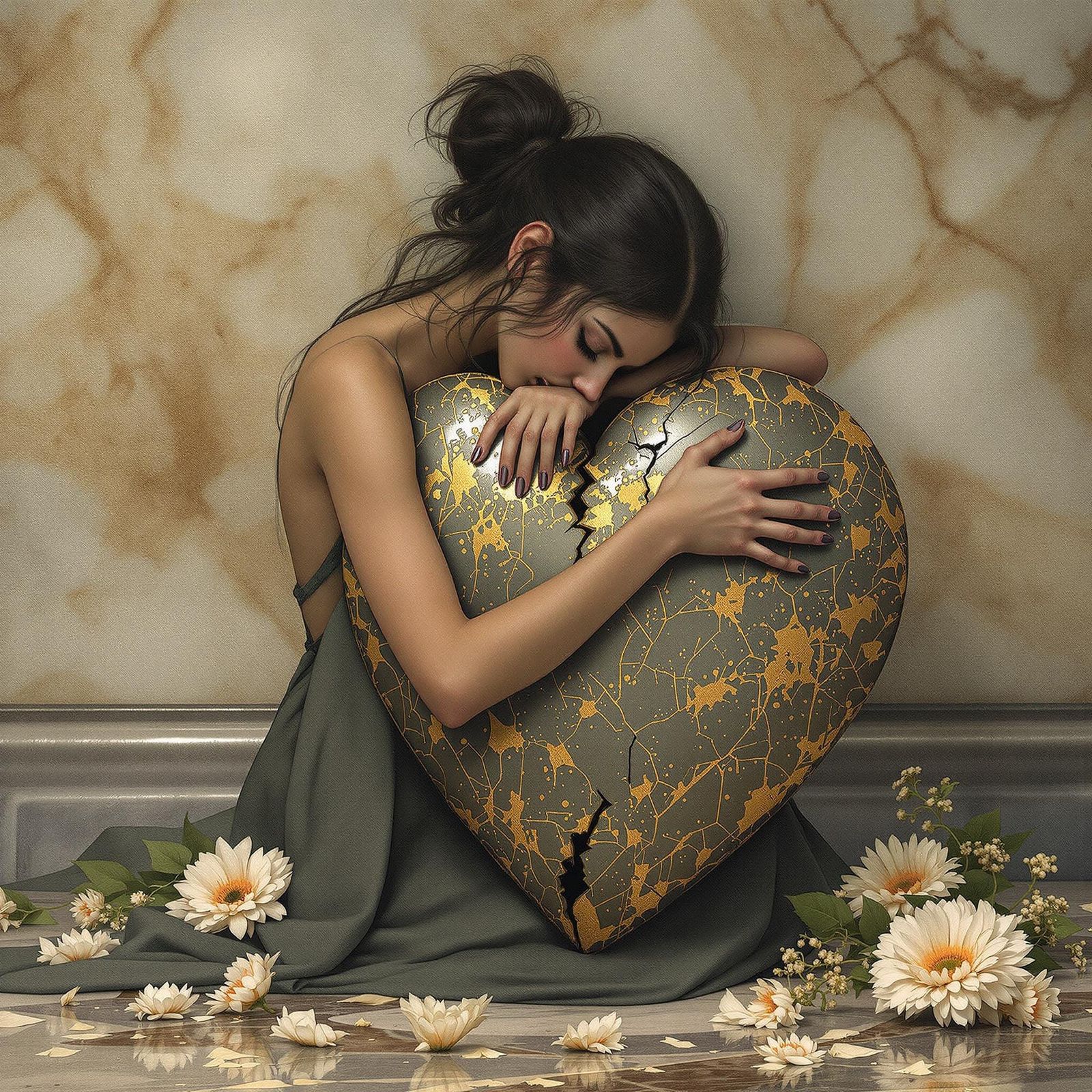 Woman in Grief, Watercolor Metal Sculpture