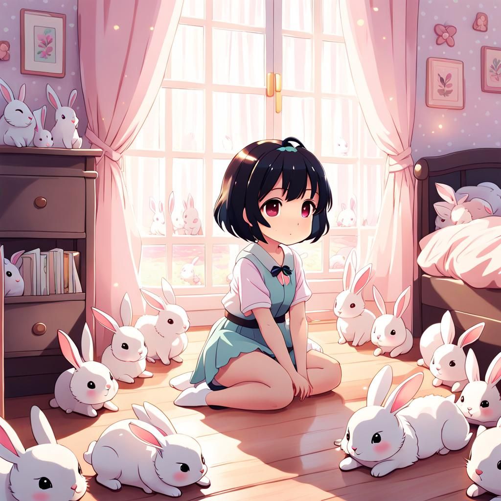 Chibi Woman Surrounded by Rabbits in Anime Style