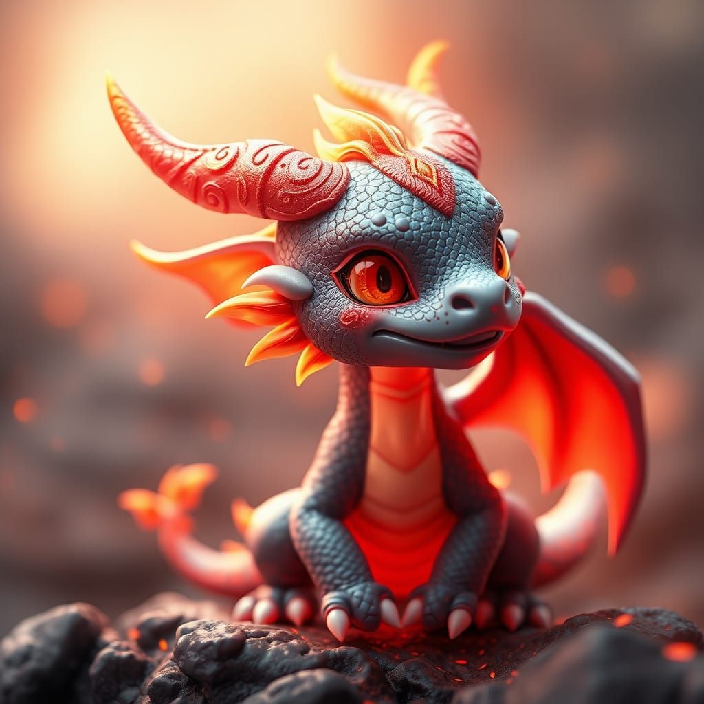 Adorable Fiery Baby Dragon in 3D Anime Art
