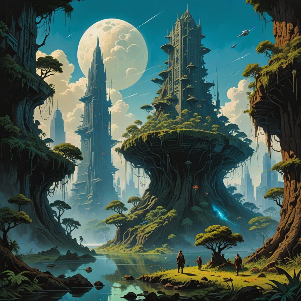 primeval jungle under clear blue skies. futuristic metropolis with tall buildings and spaceships flying around. little g...