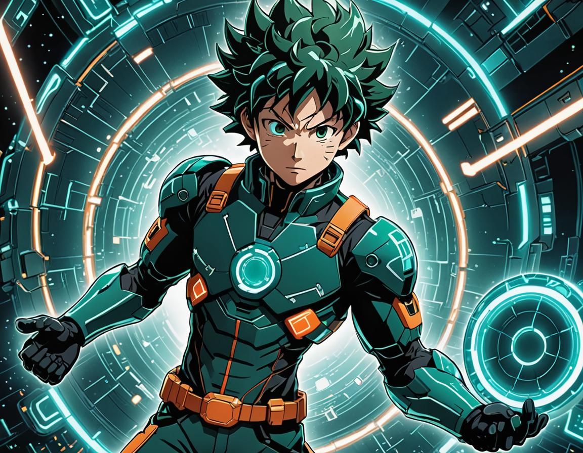 Izuku Midoriya with Tron Disk in Futuristic Anime Style