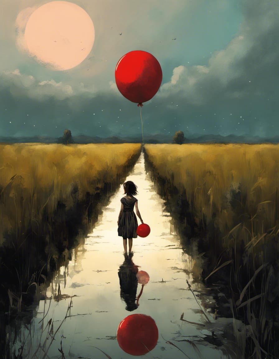Girl with Red Balloon: Surreal Mixed Media Illustration