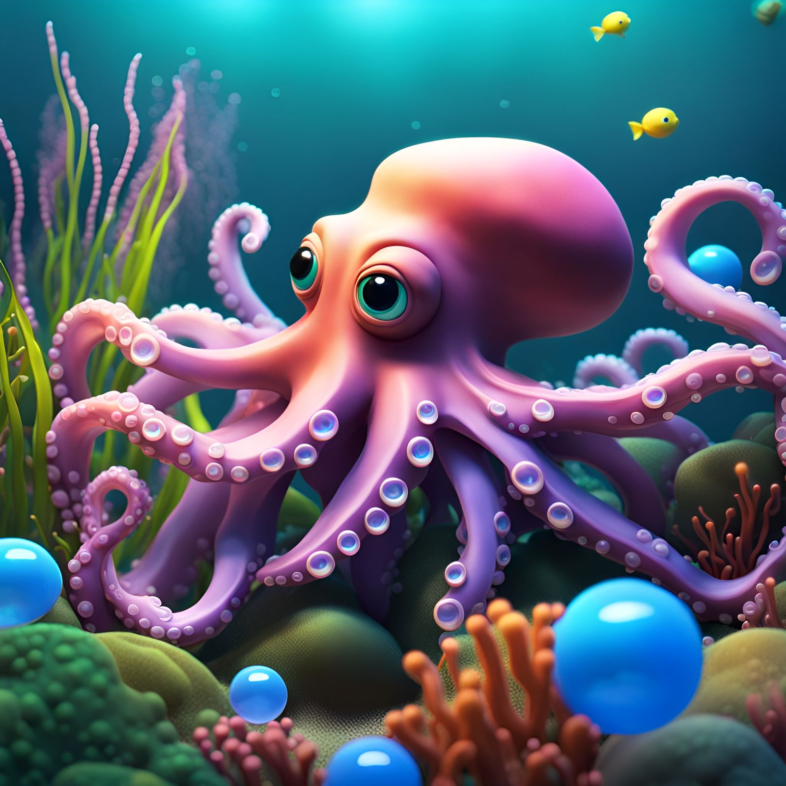 Colorful Octopus Garden Undersea, 3D Digital Art