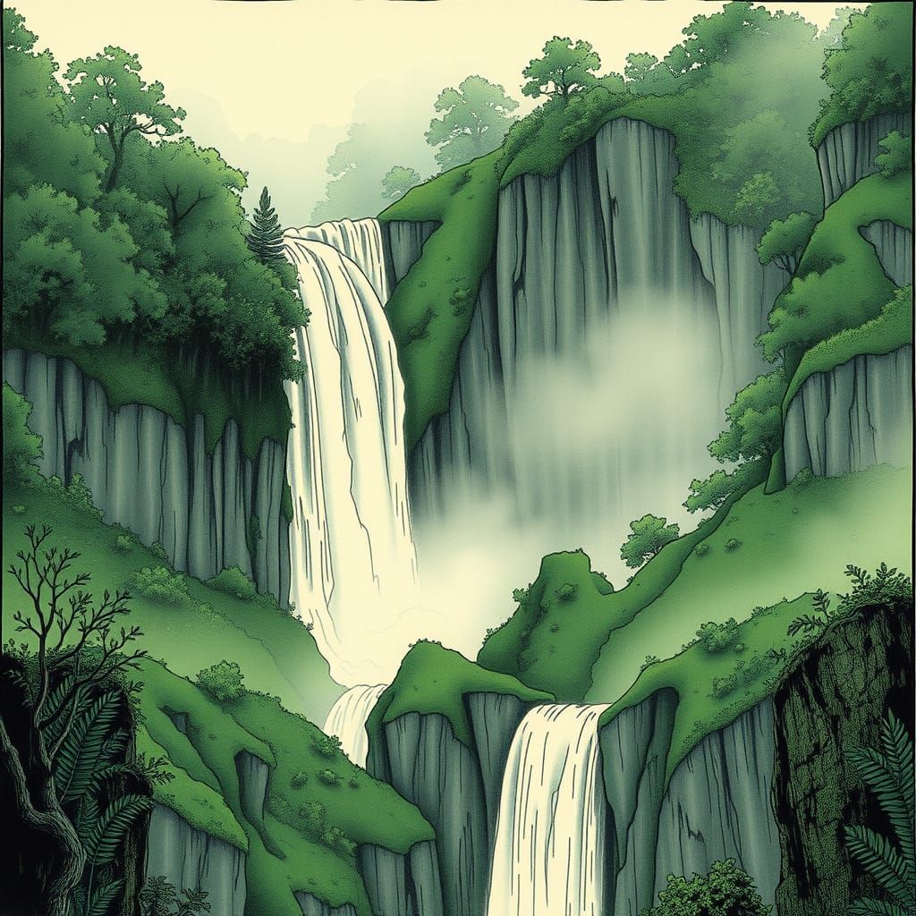 Victoria Falls Ink Drawing in Art Nouveau Style