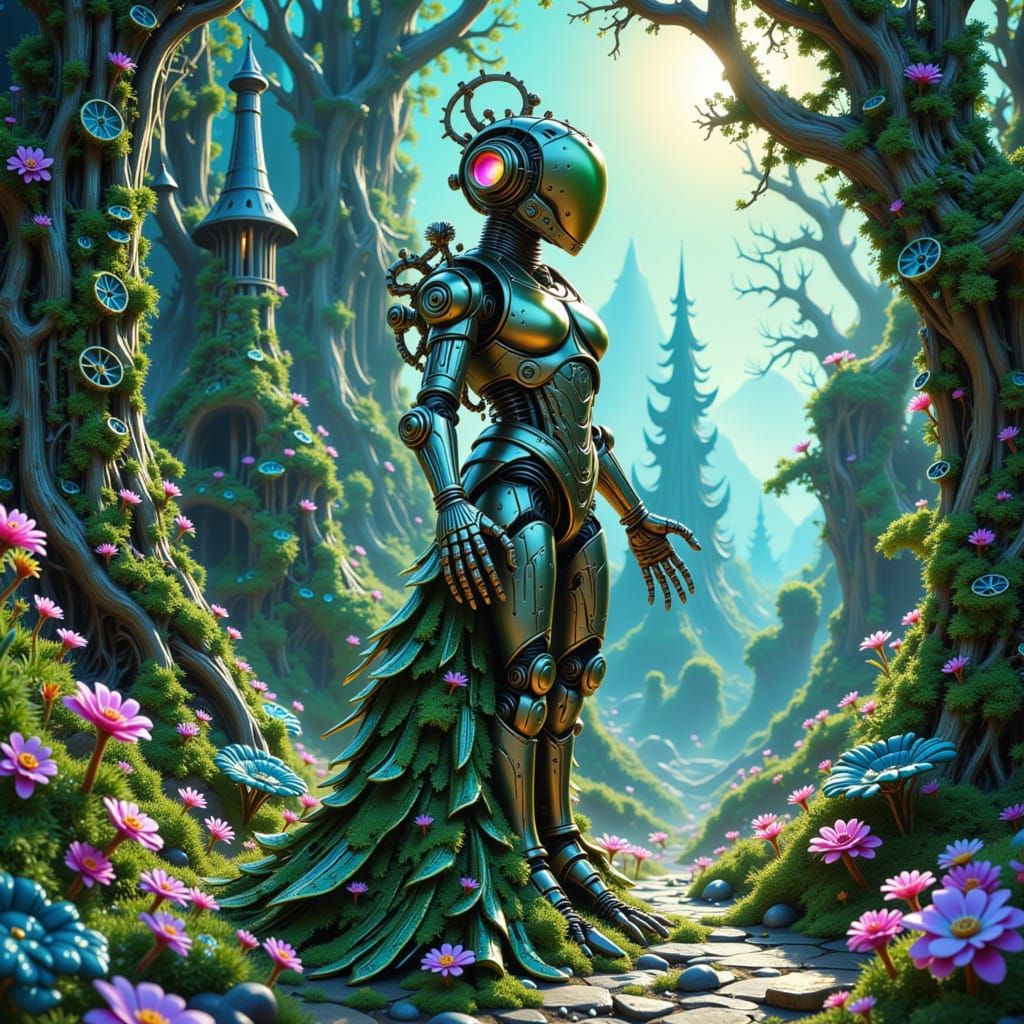 Ancient Automaton in Glowing Crystal Forest