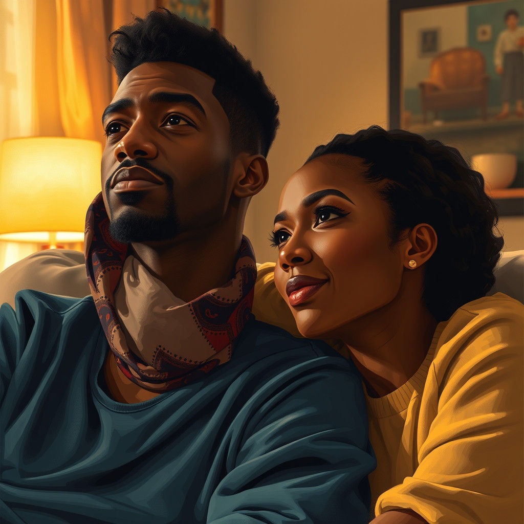 Black Couple's Tender Moment in Kehinde Wiley Style