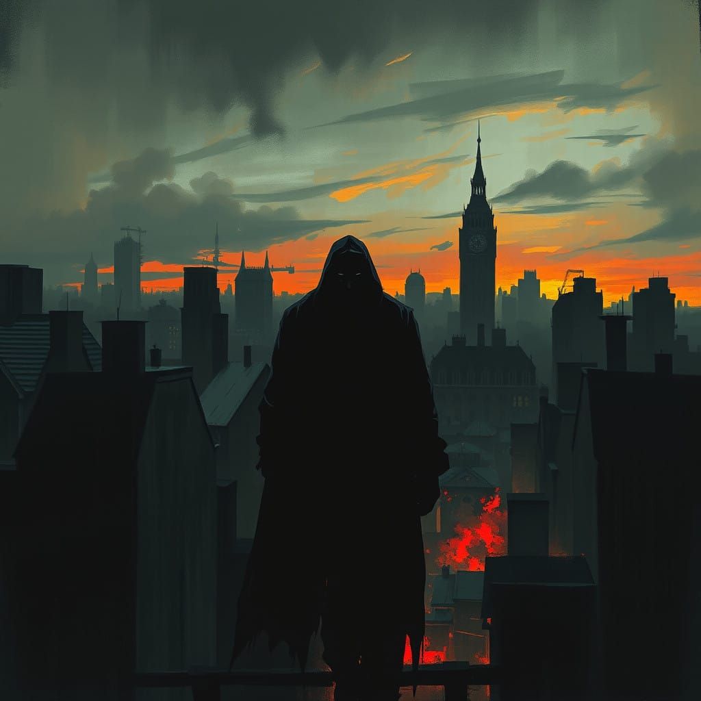 Mysterious Figure Emerges in a Dark Cityscape