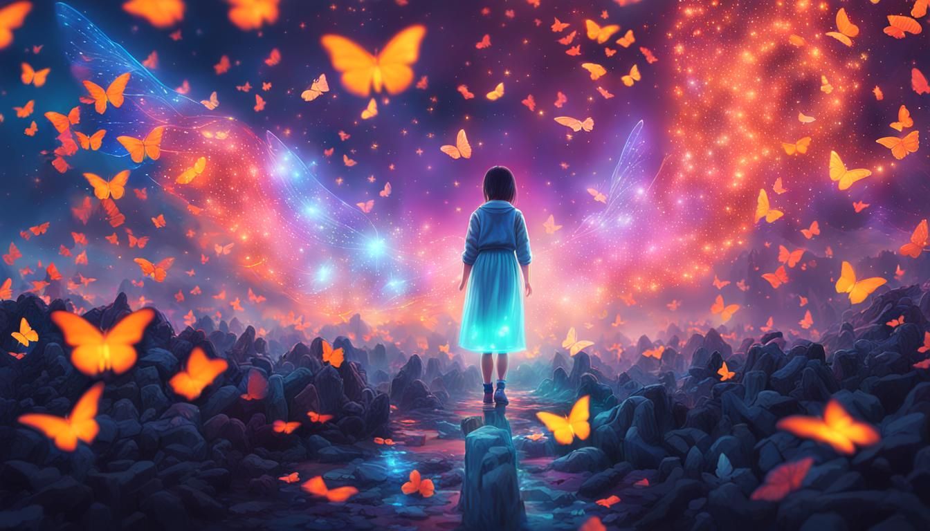 Chinese Girl Surrounded by Glowing Butterflies in Night Sky