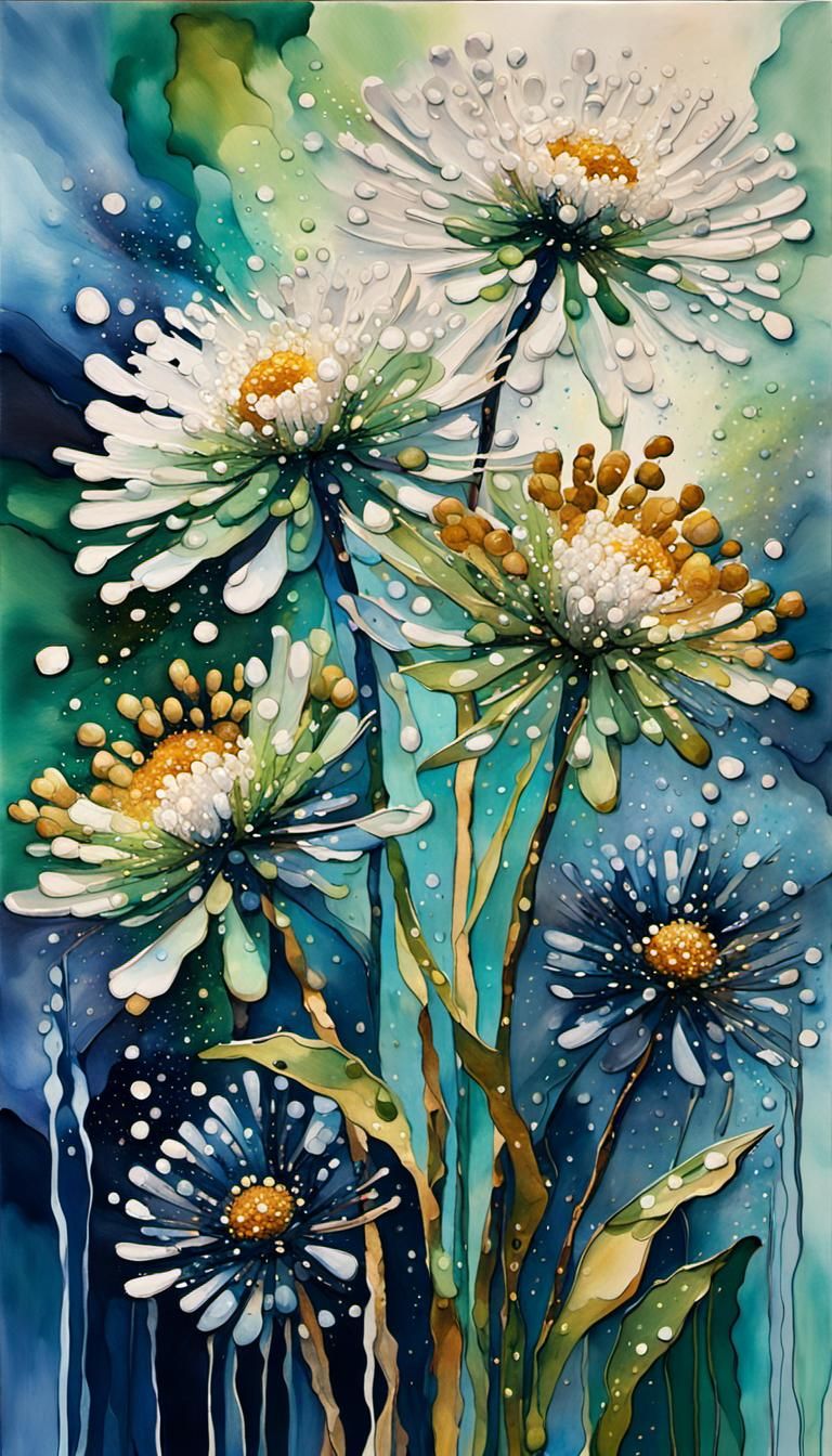 Abstract Alcohol Ink Splatter Navy Blue and Sage Green, Flowers Backlit with Rainbow Sunrays, Bundled Realistic 3d Stem ...