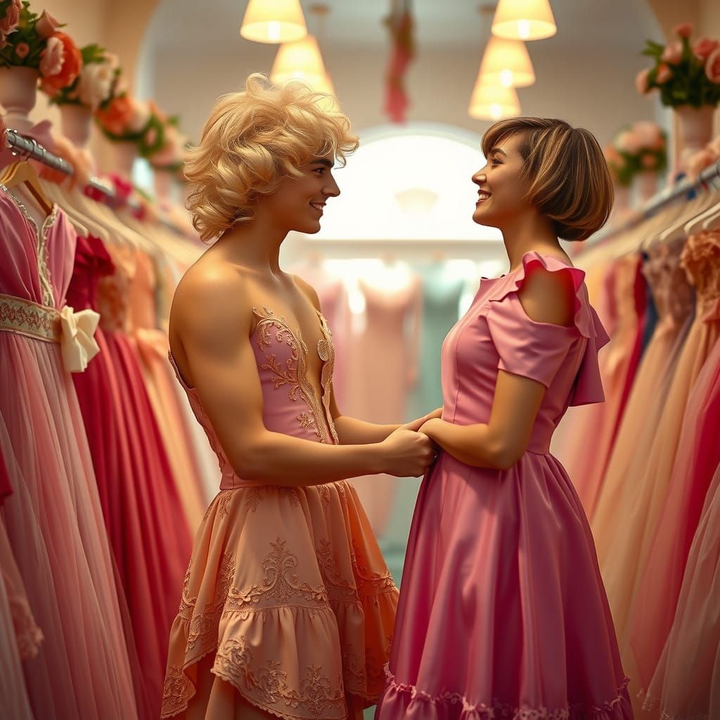 Dapper Gentleman in Easter Dress, Fixing a Polka Dot Gown