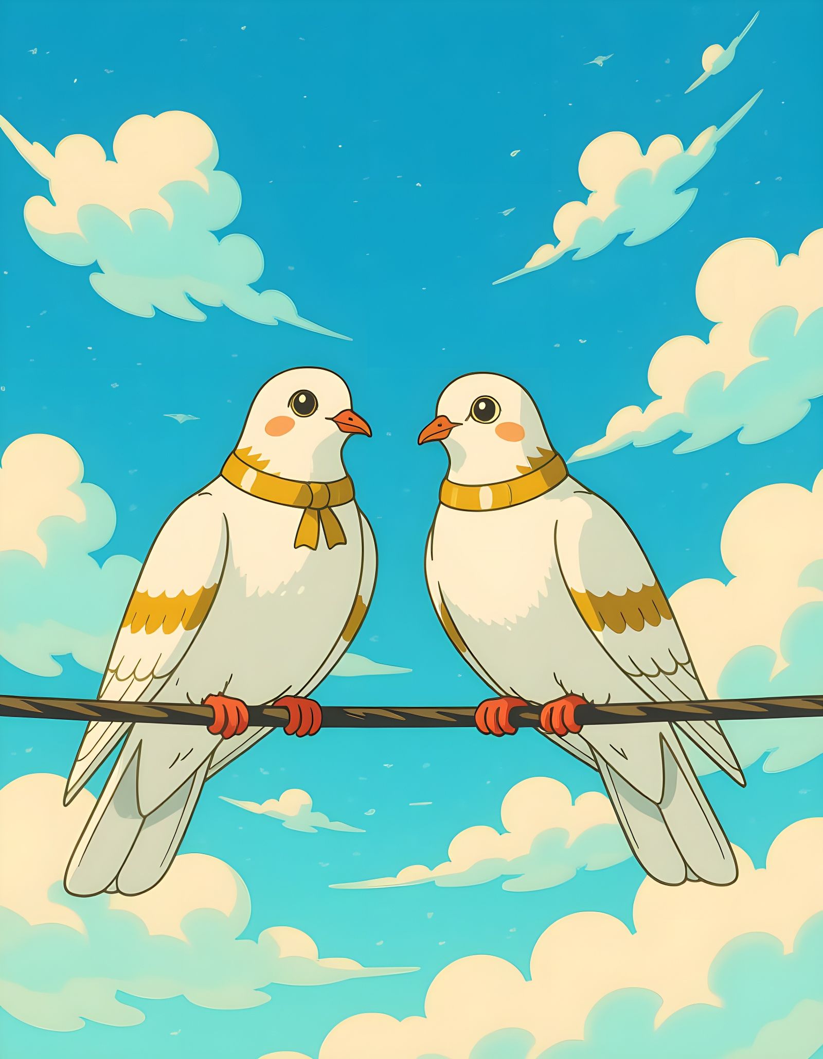 Doves on a Wire in Vintage Anime Style