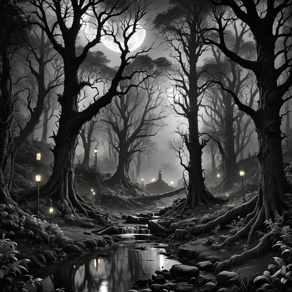 Enchanted Forest by Night: Detailed Black and White Art