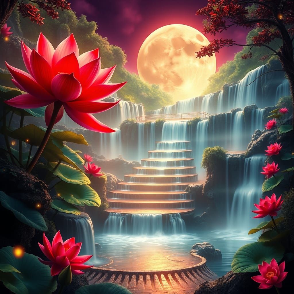 Red Lotus Waterfalls: A Dreamy High-Fantasy Scene