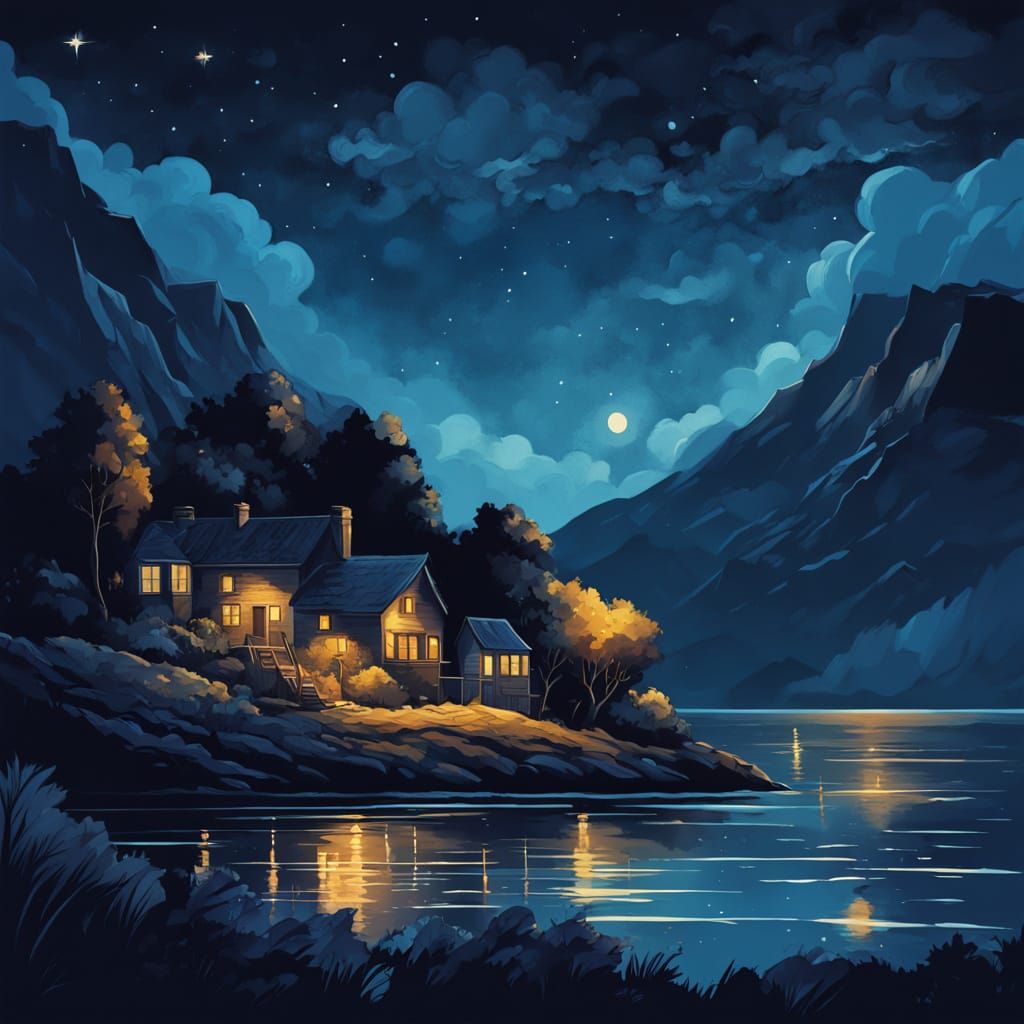 Vibrant Gouache Landscape of Serene Sea Bay Under Starry Nig...