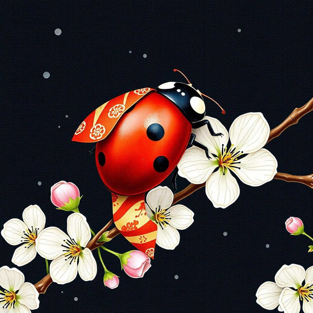 ladybug on a branch, sashiko --ar 3:2