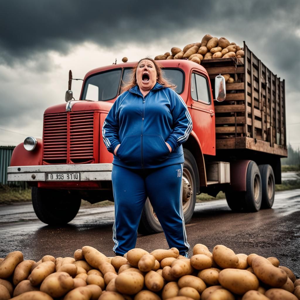 Hyperrealistic Woman Screaming with Potatoes