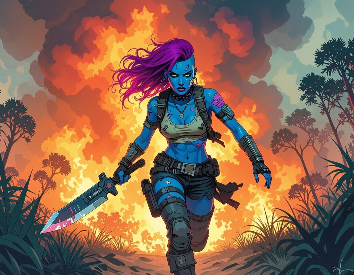 Alien Woman Escaping Wildfire in Hyperdetailed Watercolor