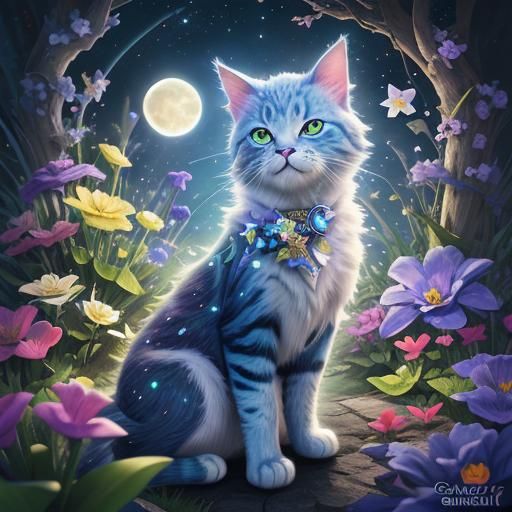 Cute Fantasy Cat in Secret Flower Garden