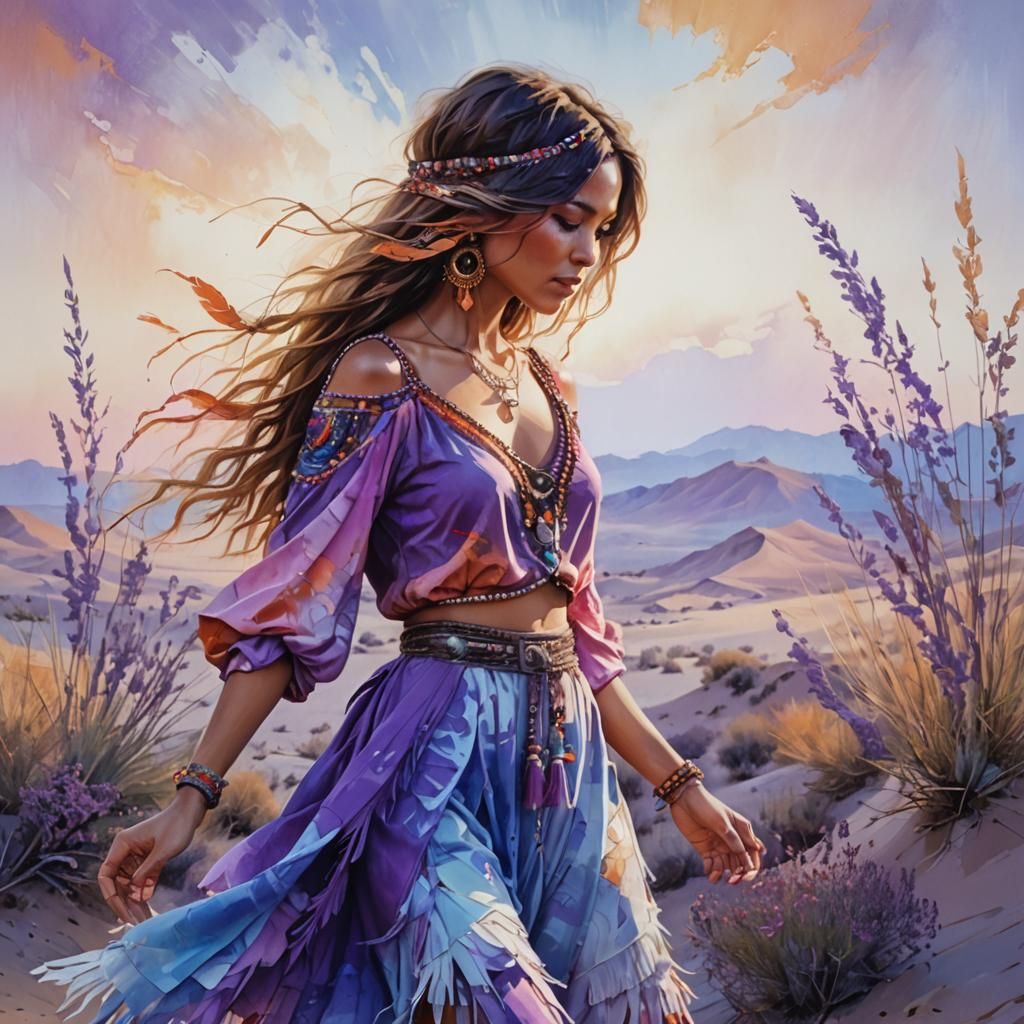 Bohemian Woman in Desert Sunset, Cinematic Still