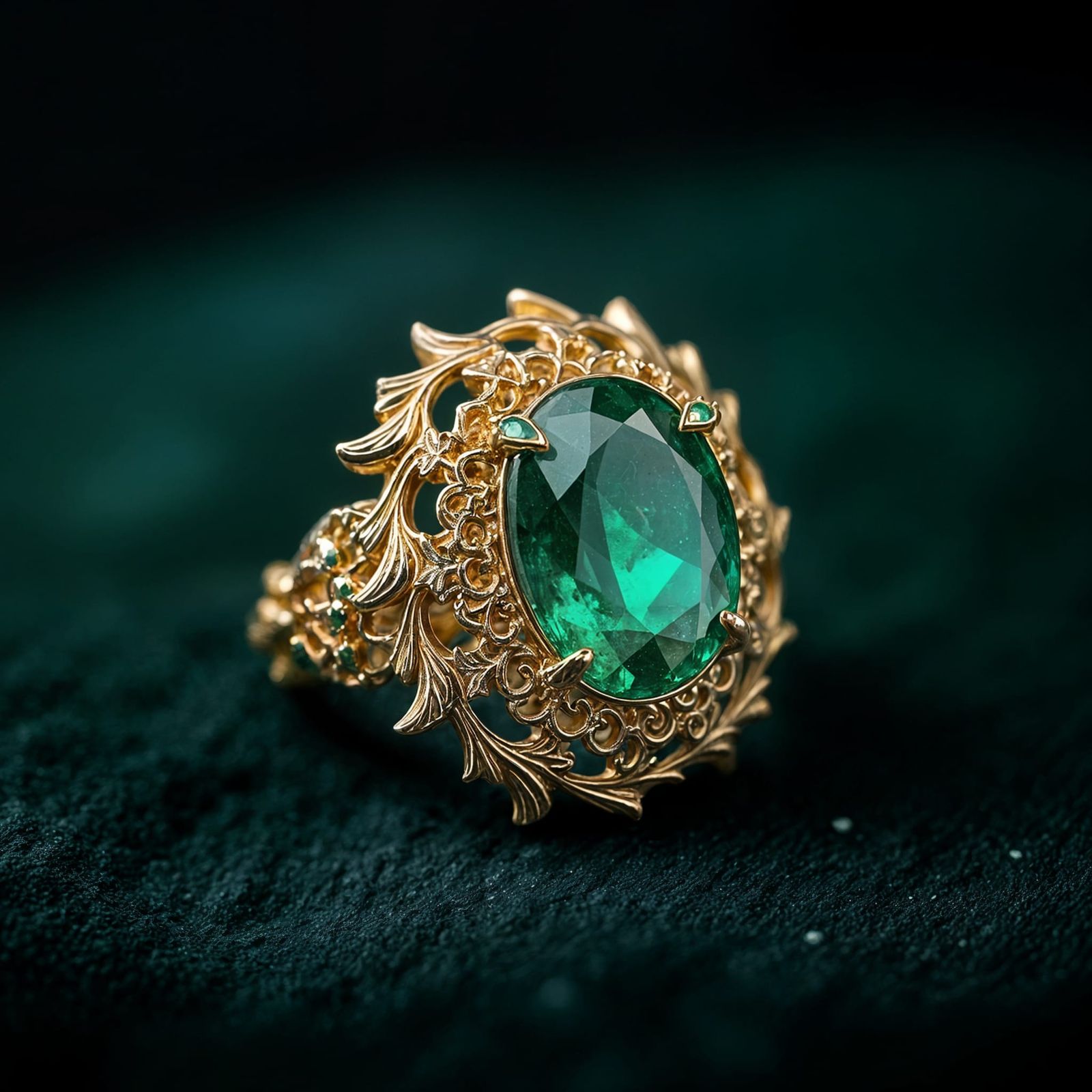 Magical Emerald Ring with Gold Leaf Carvings