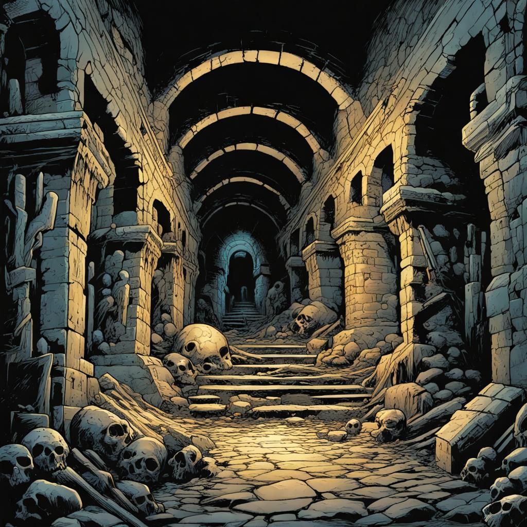 Detailed Comic Book Art of Ancient Catacombs