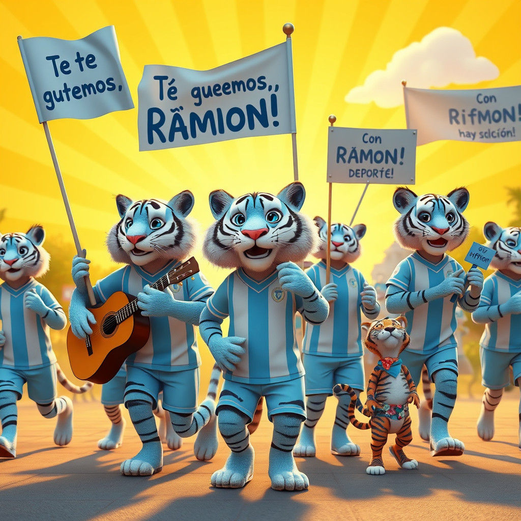Anthropomorphic Tigers Parade in Blue and White