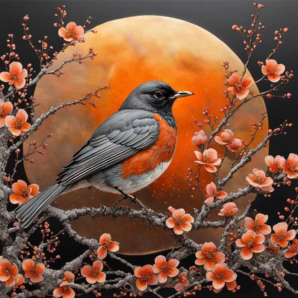 Fantasy American Robin Under Cherry Blossoms Illuminated by ...