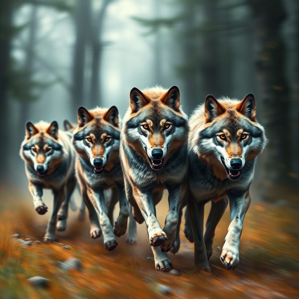 Wolves Running Through Forest, Motion Blur and Ink