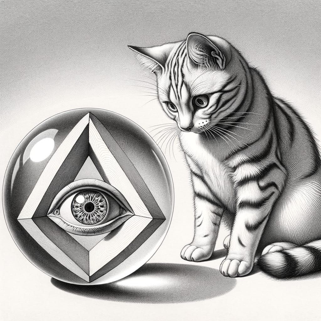 Whimsical Feline Contemplates Escher-Inspired Optical Illusi...