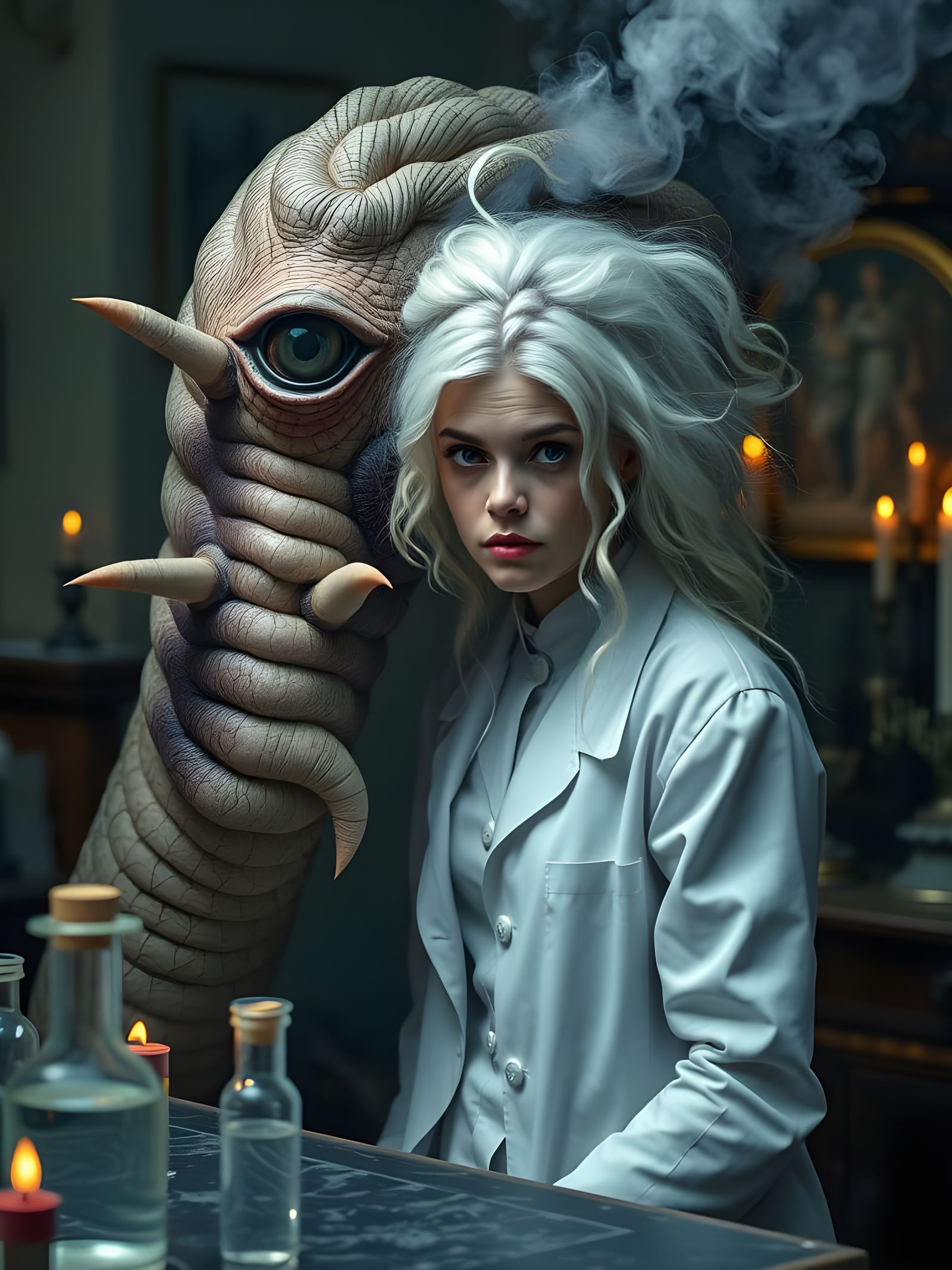 Albino Woman with Giant Worm Friend