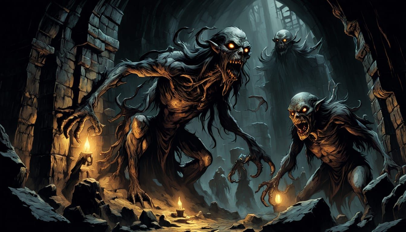 Grotesque Creatures Emerge from Darkness in a Gothic Dungeon