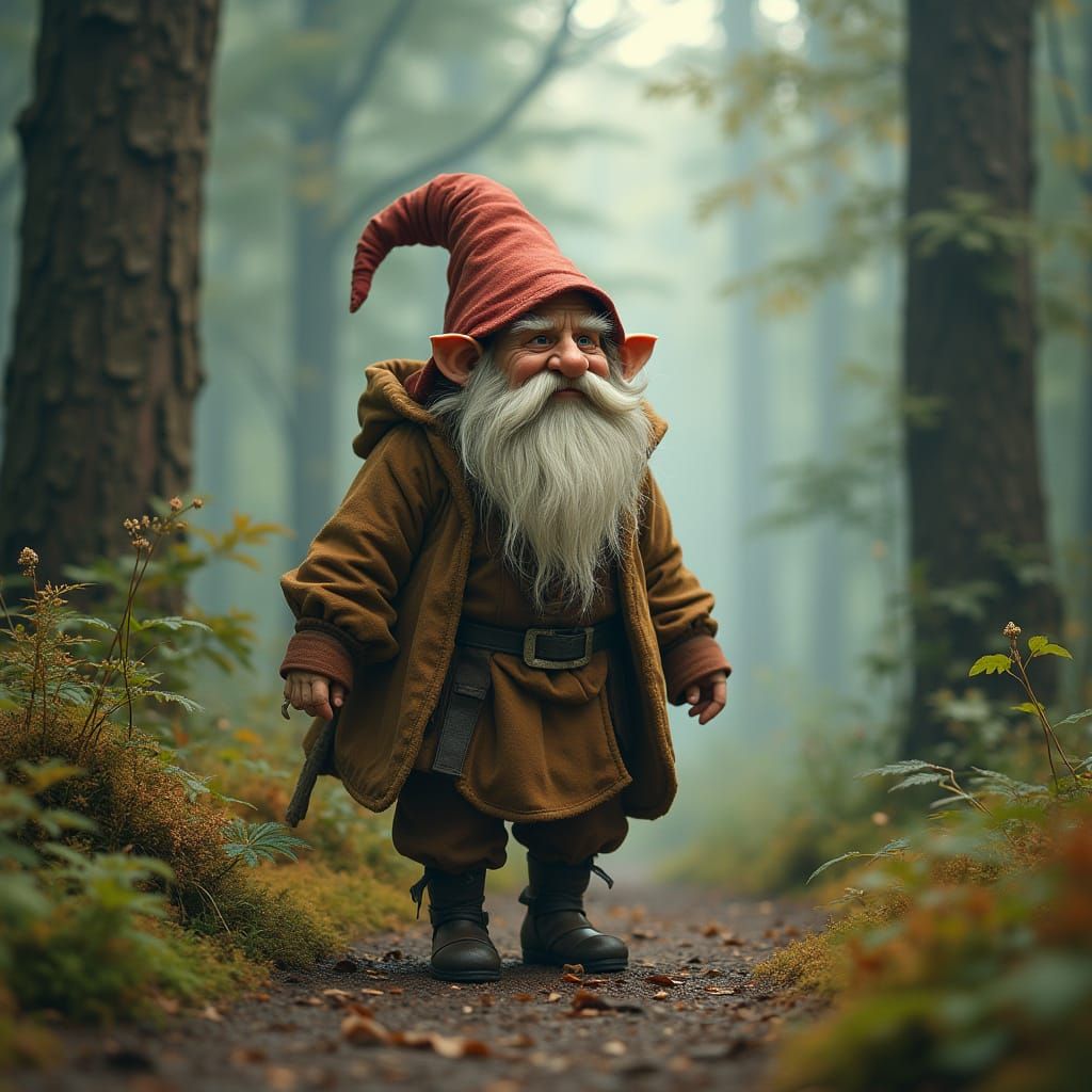 Gnome on Misty Path in Fantasy Art Style