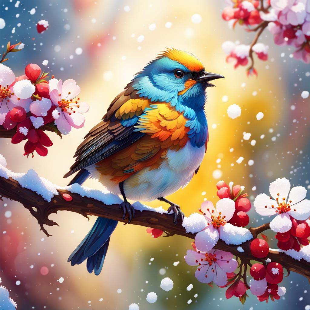 Bird Song in Winter: An Impressionist Gouache Painting