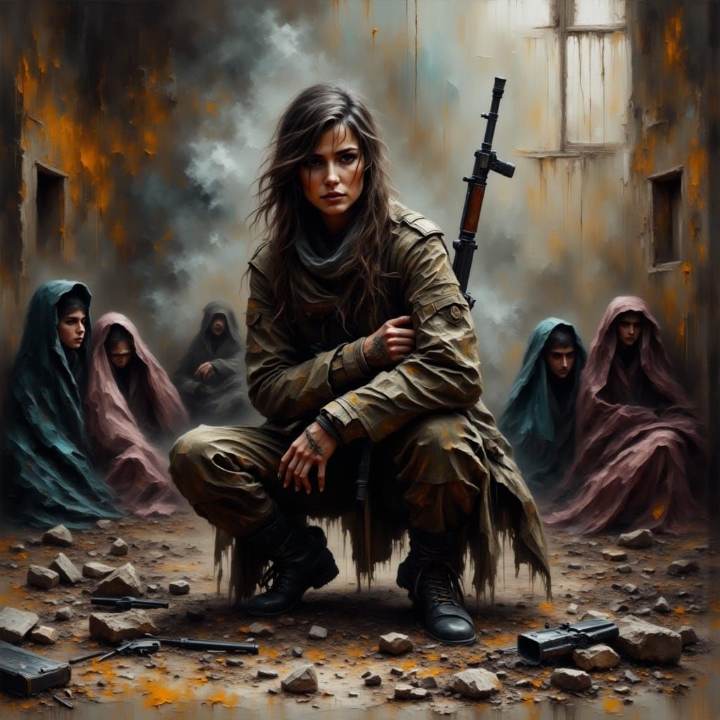 Dystopian Protector in War-Torn Ruins