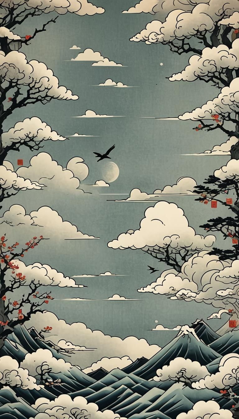 Ukiyo-e Asian Tattoo Background with Clouds