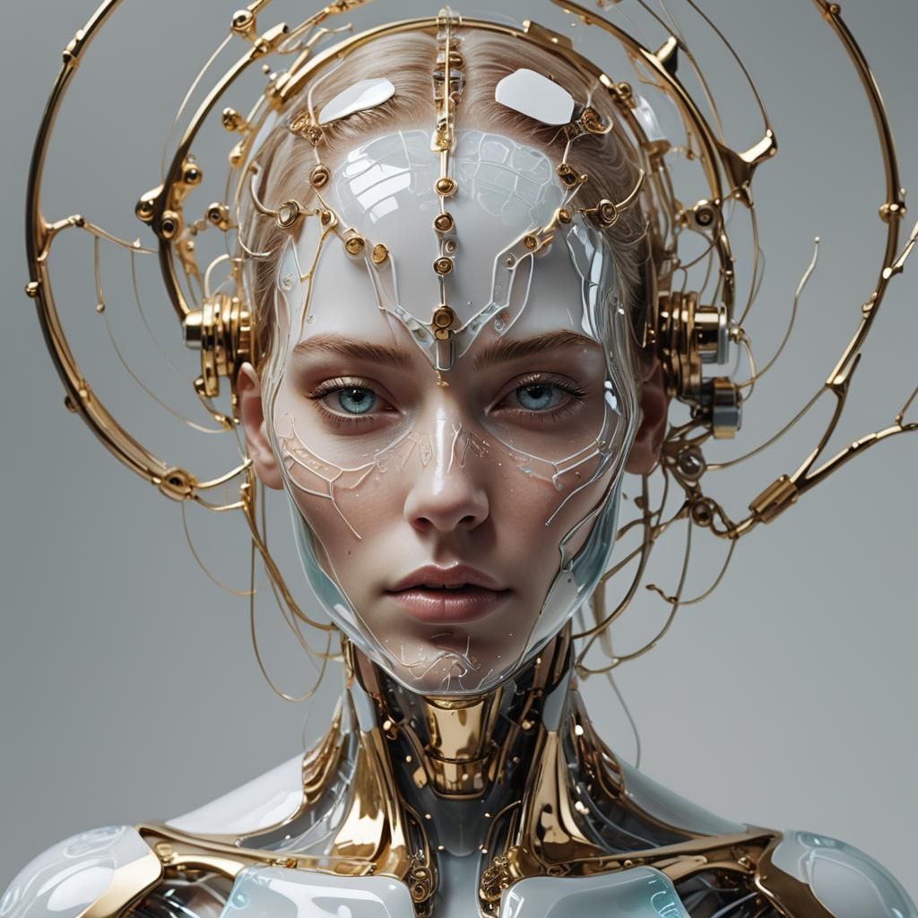 Surreal Cyborg Girl with Glass Head: Hyperrealistic Art