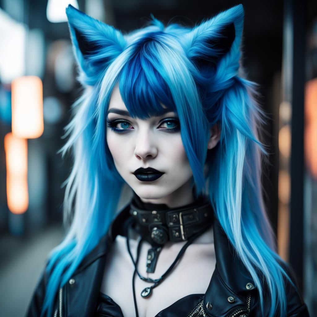 Enchanting Cyberpunk Kitsune Girl with Blue Hair
