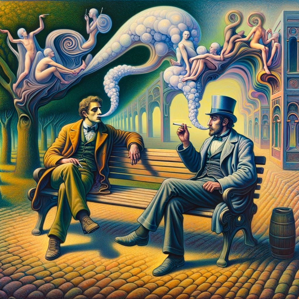 Surreal Men Smoking on Park Bench in Oil Paint