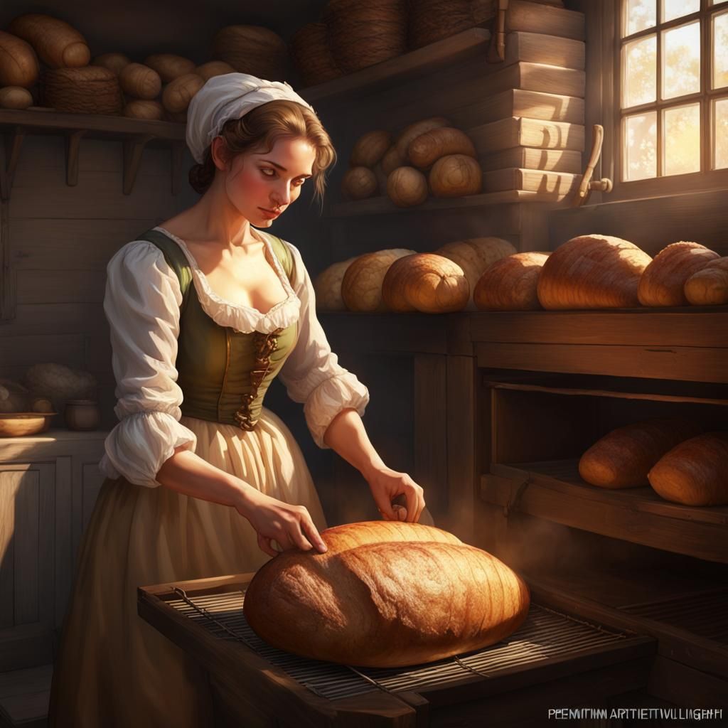 Colonial Woman Baking Bread, Detailed Digital Art