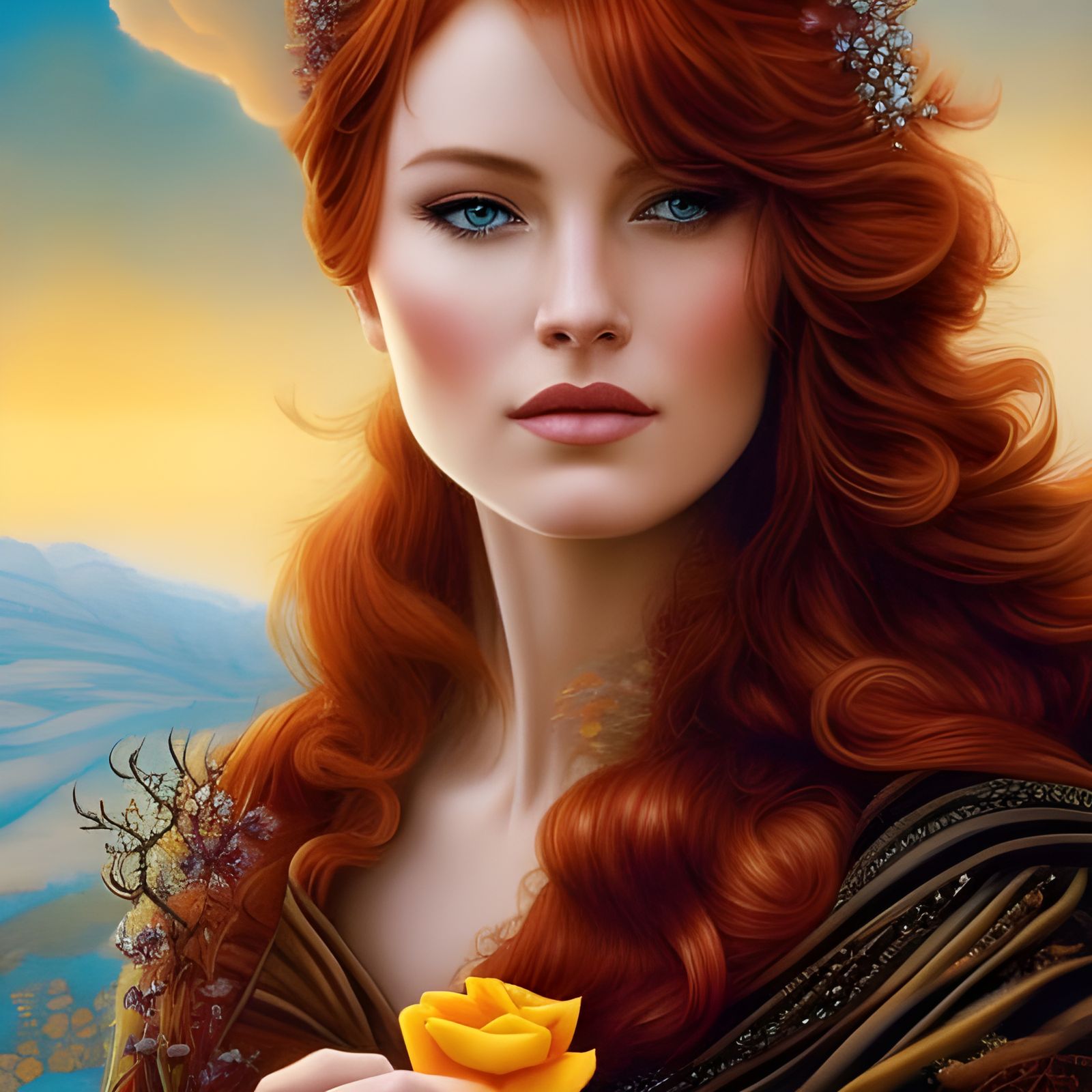 Redhead in Rose Field with Butterflies