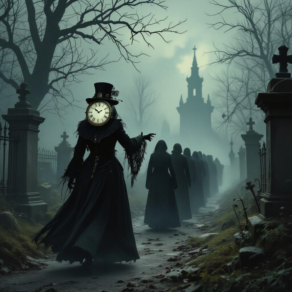 Spectral Hand Guides Mourners Through Misty Cemetery