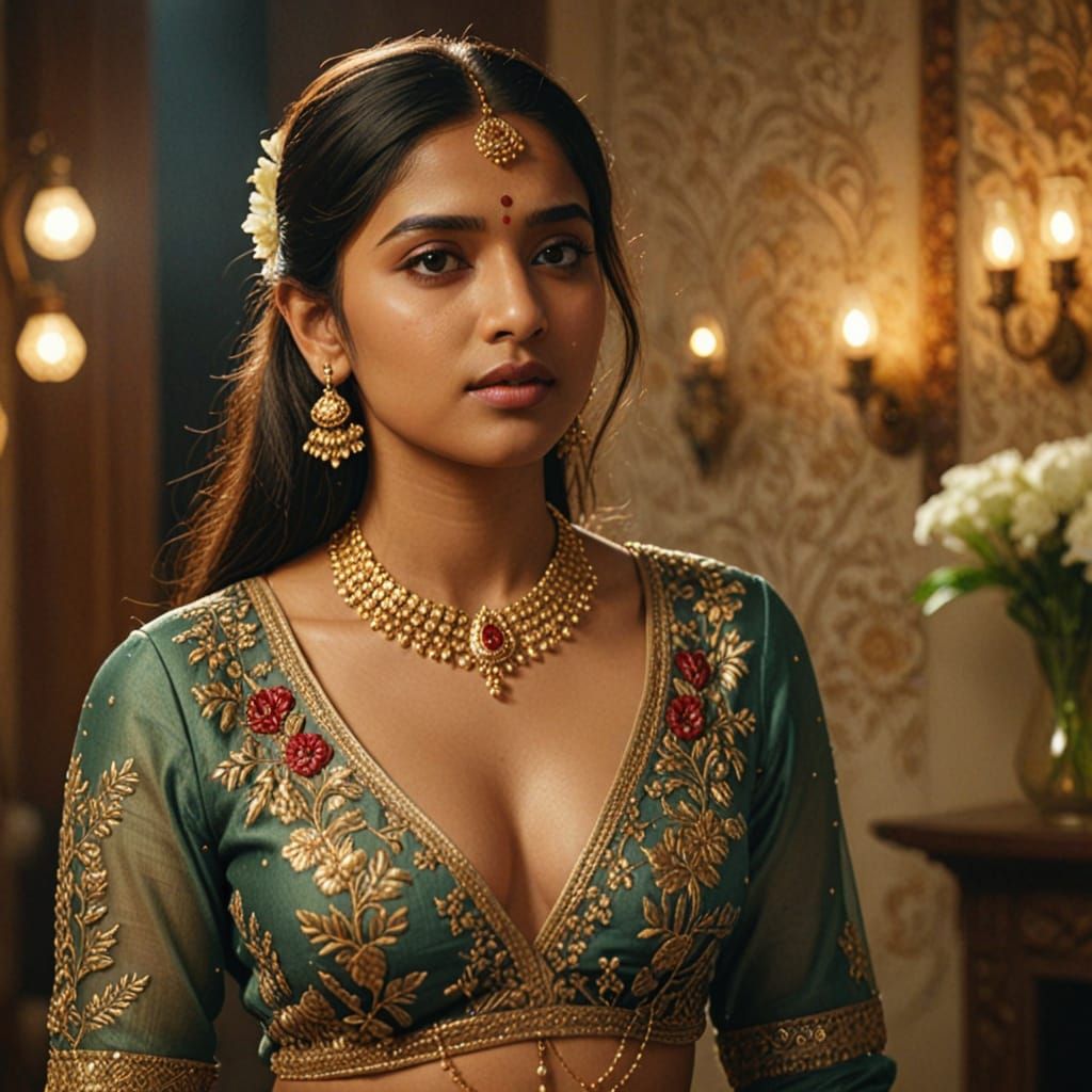 Indian Woman in Ornate Blouse with Floral Embroidery