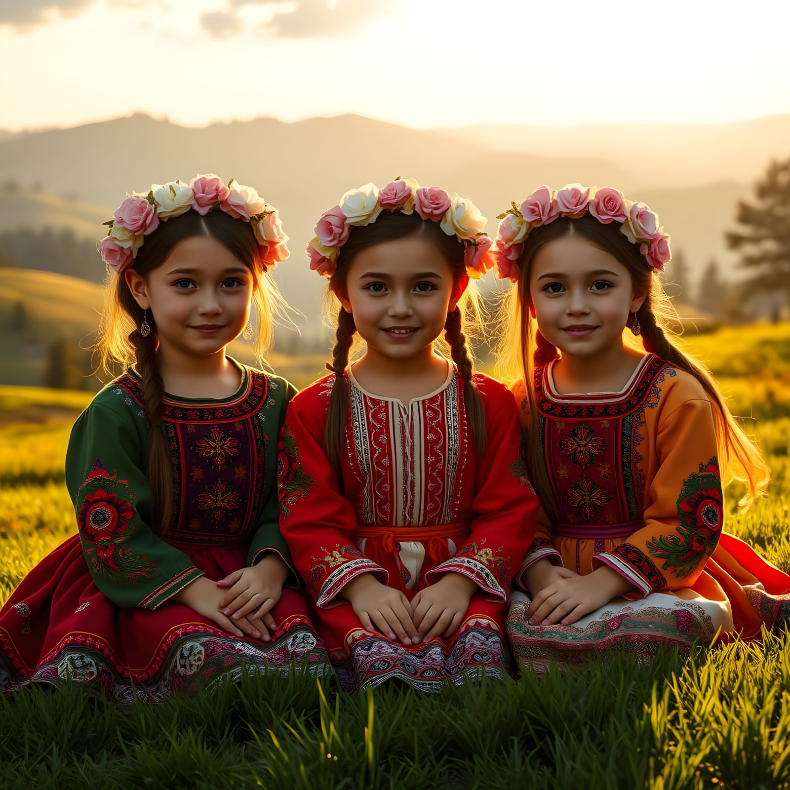 Girls in Embroidered National Costumes Pose in a Lush, Vibra...