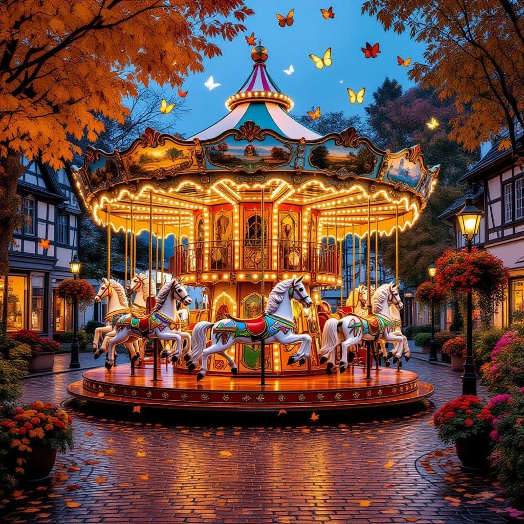Stunning Autumn Carousel Scene in Enchanting Village