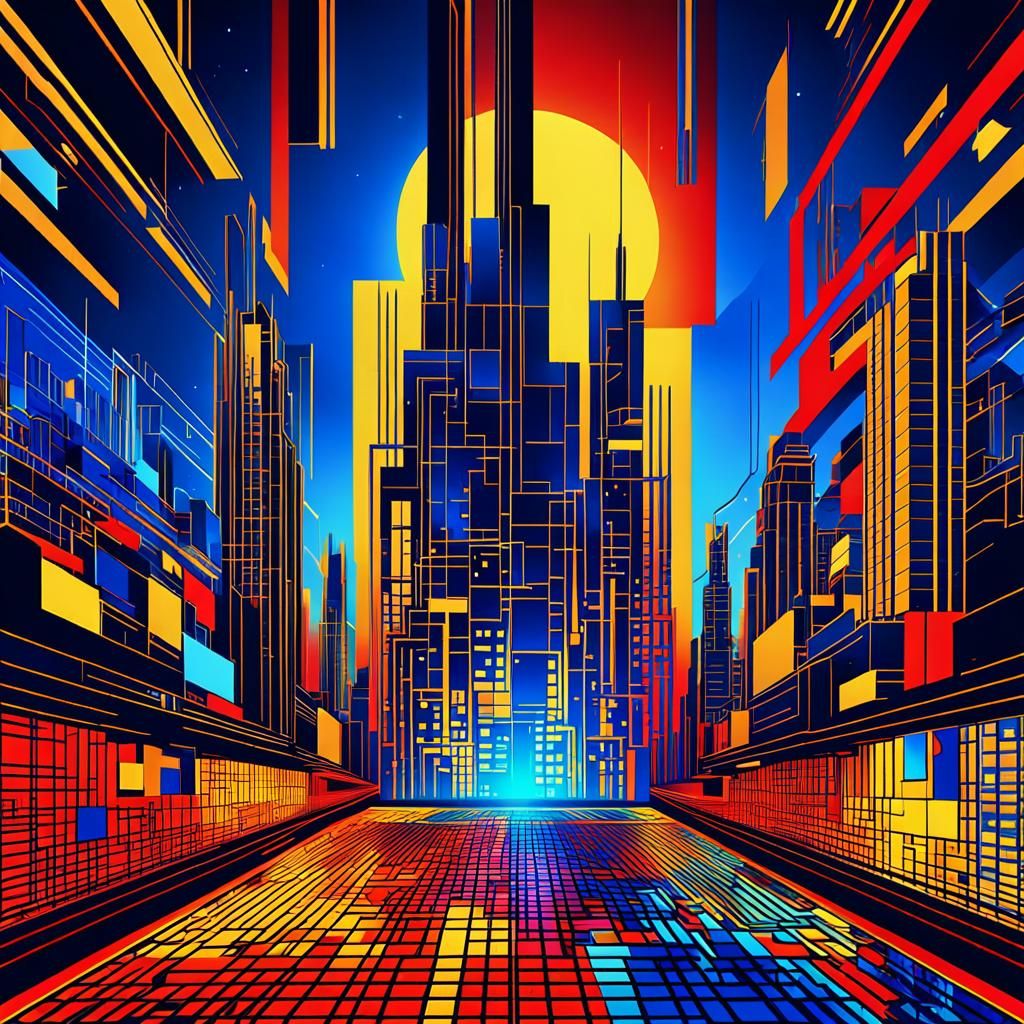 Futuristic Pop Art Cityscape at Sunset in 8K