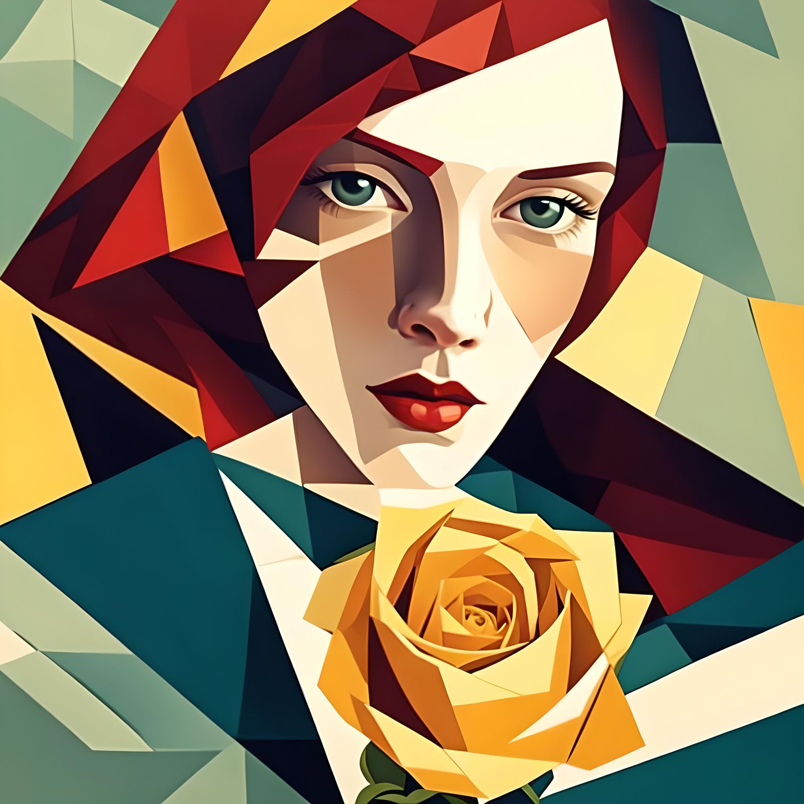 Redhead Woman with Rose in Neo-Cubist Art Deco Style
