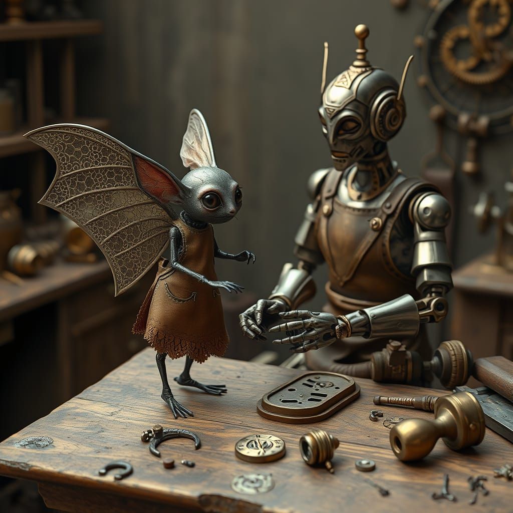 Whimsical Clockwork Bat Robot Assists Android in Fantastical...
