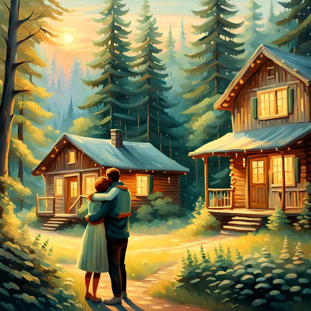 Impressionist Couple's Embrace in Lush Forest