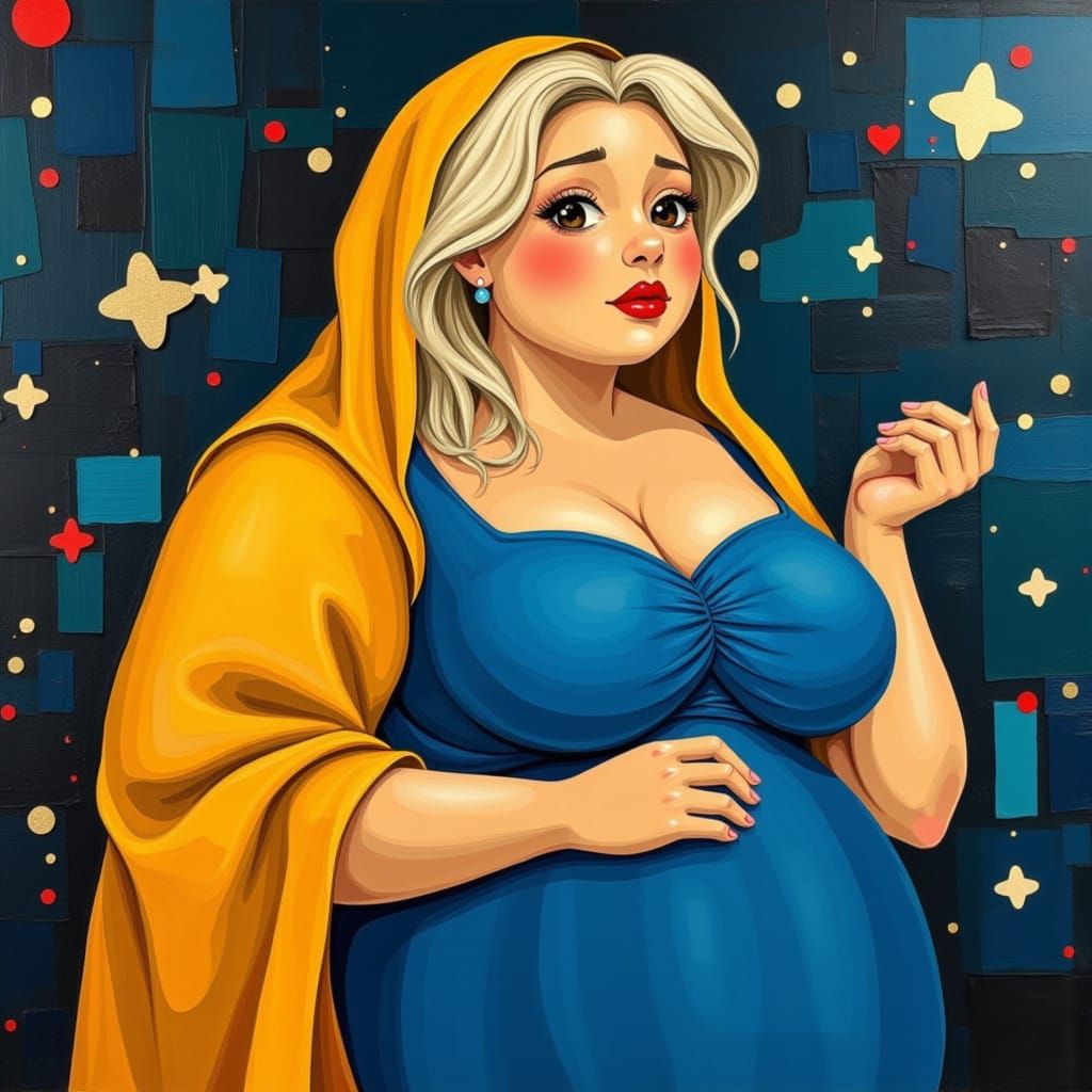 Surreal Blue Portrait of a Plump Blonde Woman